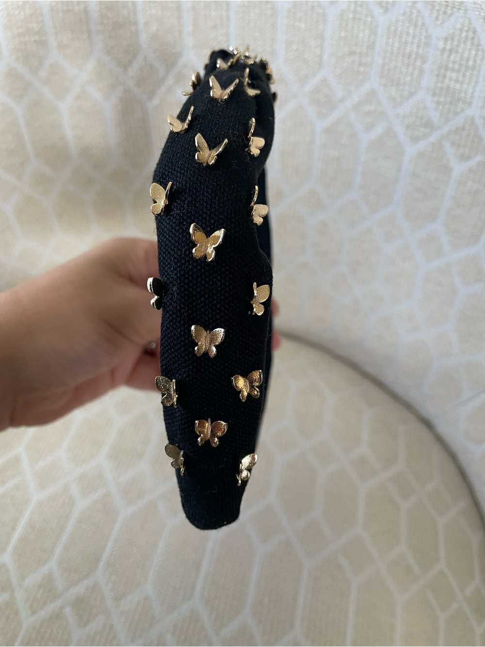 Lele Sadoughi Kids Black Padded Headband with Gold Butterfly Studs